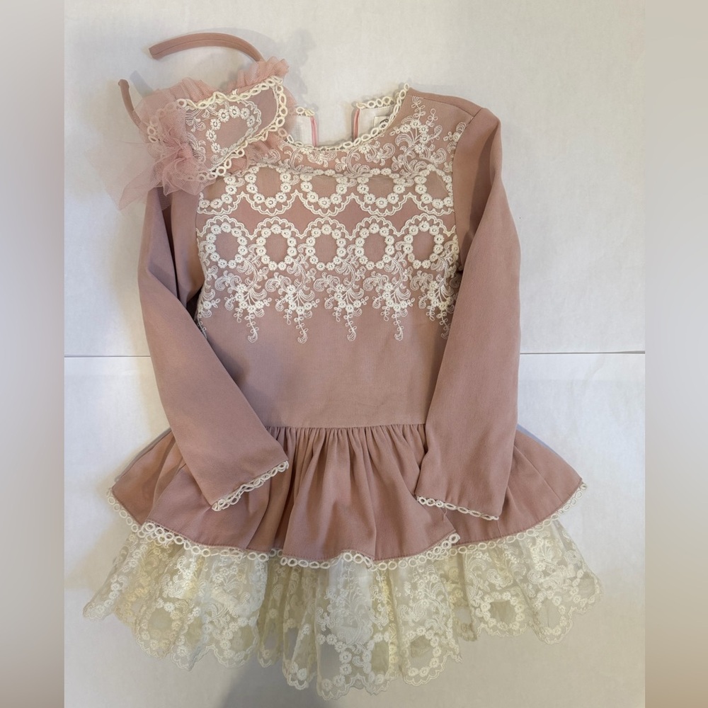 Pettigirl Pink Lace Long Sleeve Dress & Headband
